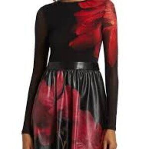 Alice + Olivia Chara Faux-Leather & Mesh Dress